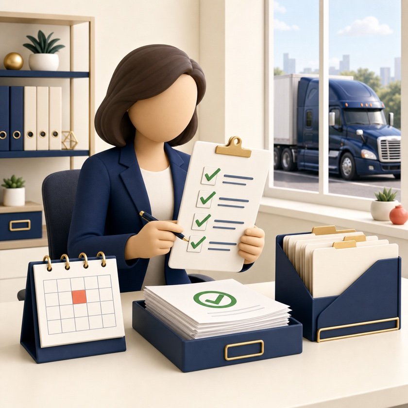 Administradora organizando documentos y fechas de compliance para un carrier