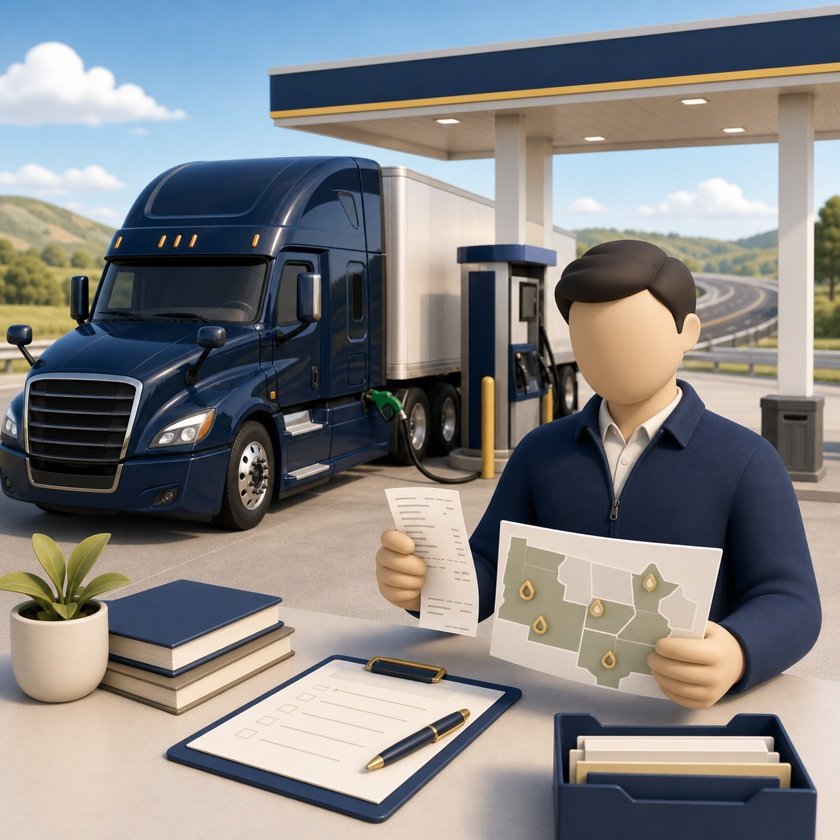 Carrier organizando documentos de combustible para su aplicación inicial IFTA